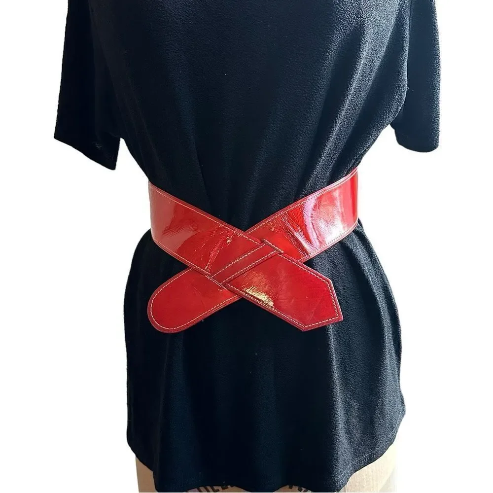 Vintage 80s Karl Lagerfeld Red Patent Leather Crossover Belt  size XS